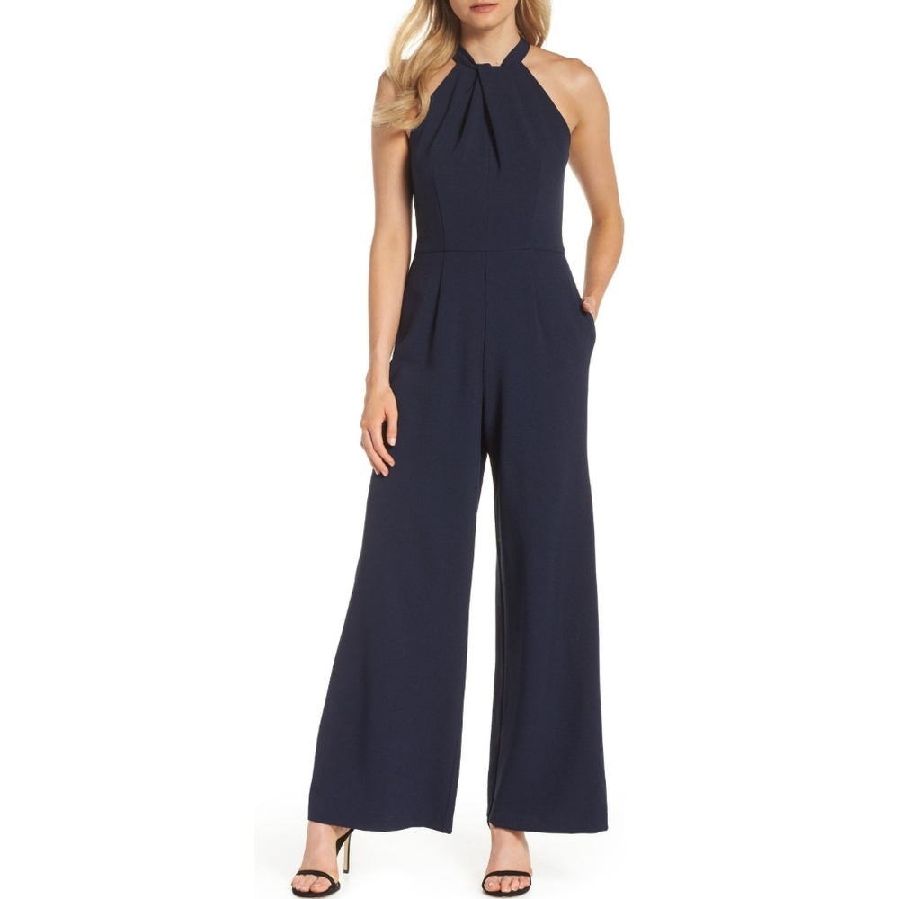 Julia Jordan Twist front Halter Wideleg Jumpsuit Wedding Event Party